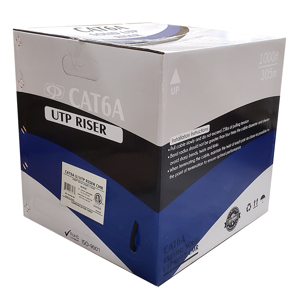 1000ft 4 Pair CAT6A Solid U/UTP 650Mhz 23AWG CMR Riser Bulk Cable - Blue
