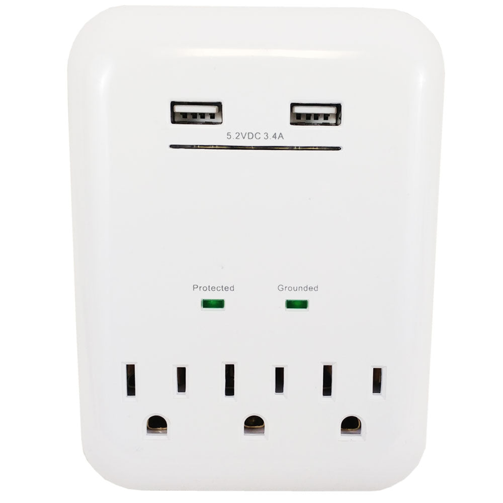 3 Outlet Power Tap - 950J Surge Protection, 2 Fast Charge USB Ports - White