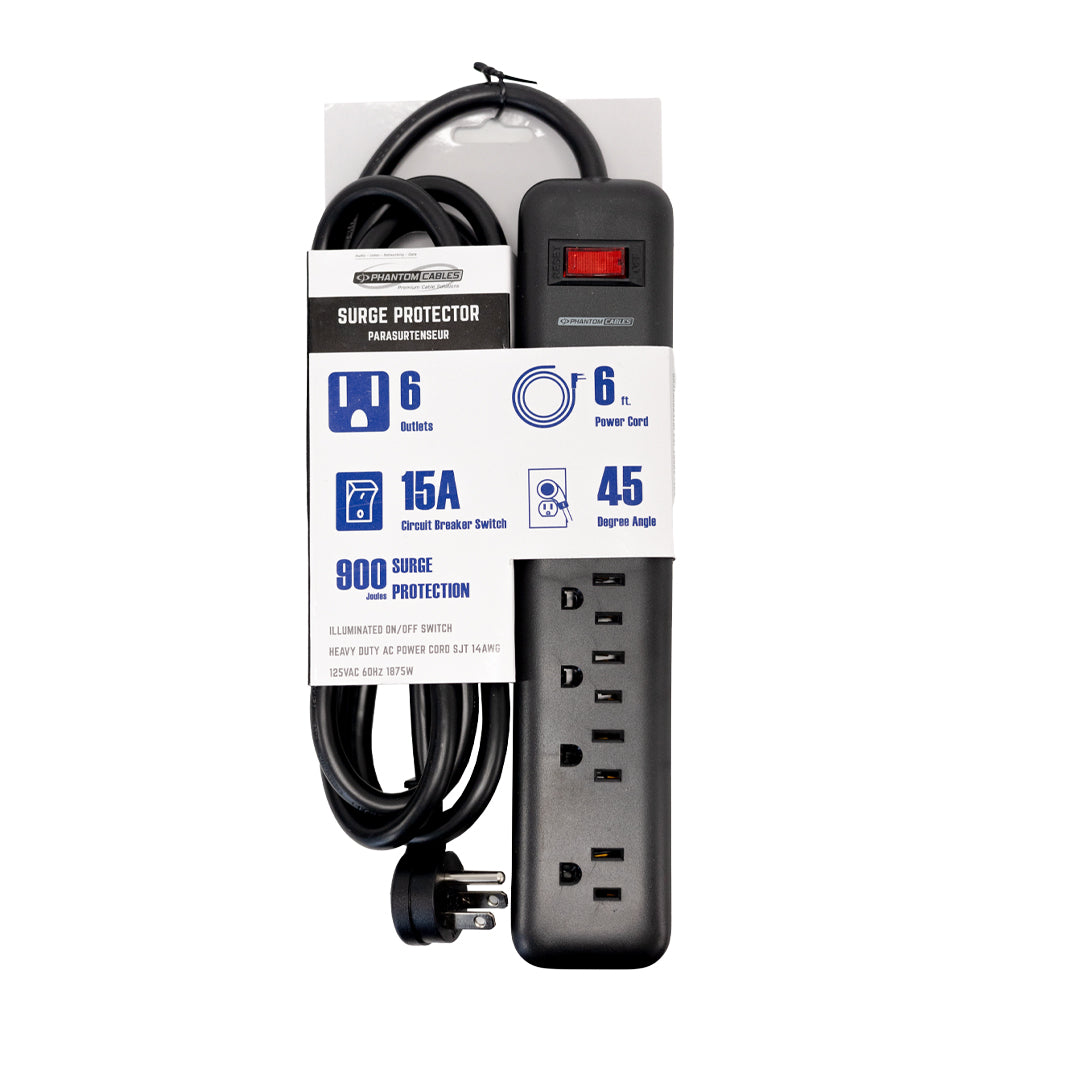6 Outlet 900J Surge Protector - 45 Degree Angle 5-15P Plug – Circuit Breaker - 15ft - Black