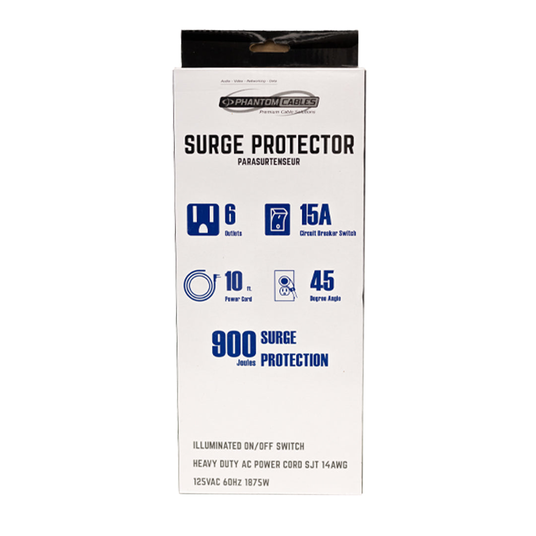 6 Outlet 900J Surge Protector - 45 Degree Angle 5-15P Plug – Circuit Breaker - 3ft - White