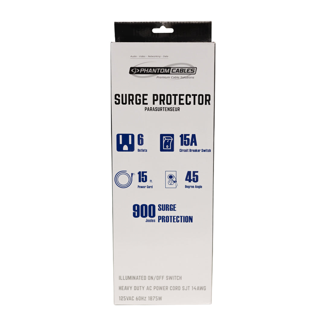 6 Outlet 900J Surge Protector - 45 Degree Angle 5-15P Plug – Circuit Breaker - 10ft - White