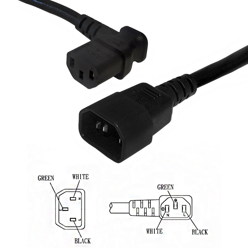 IEC C13 Left Angle to IEC C14 Power Cable - 18AWG - SJT Jacket - 12ft