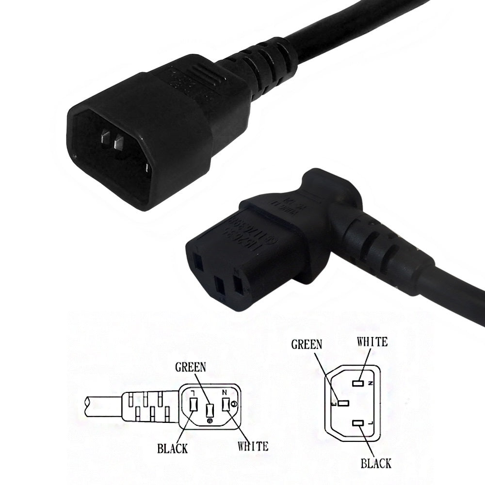 IEC C13 Right Angle to IEC C14 Power Cable - 18AWG - SJT Jacket - 12ft