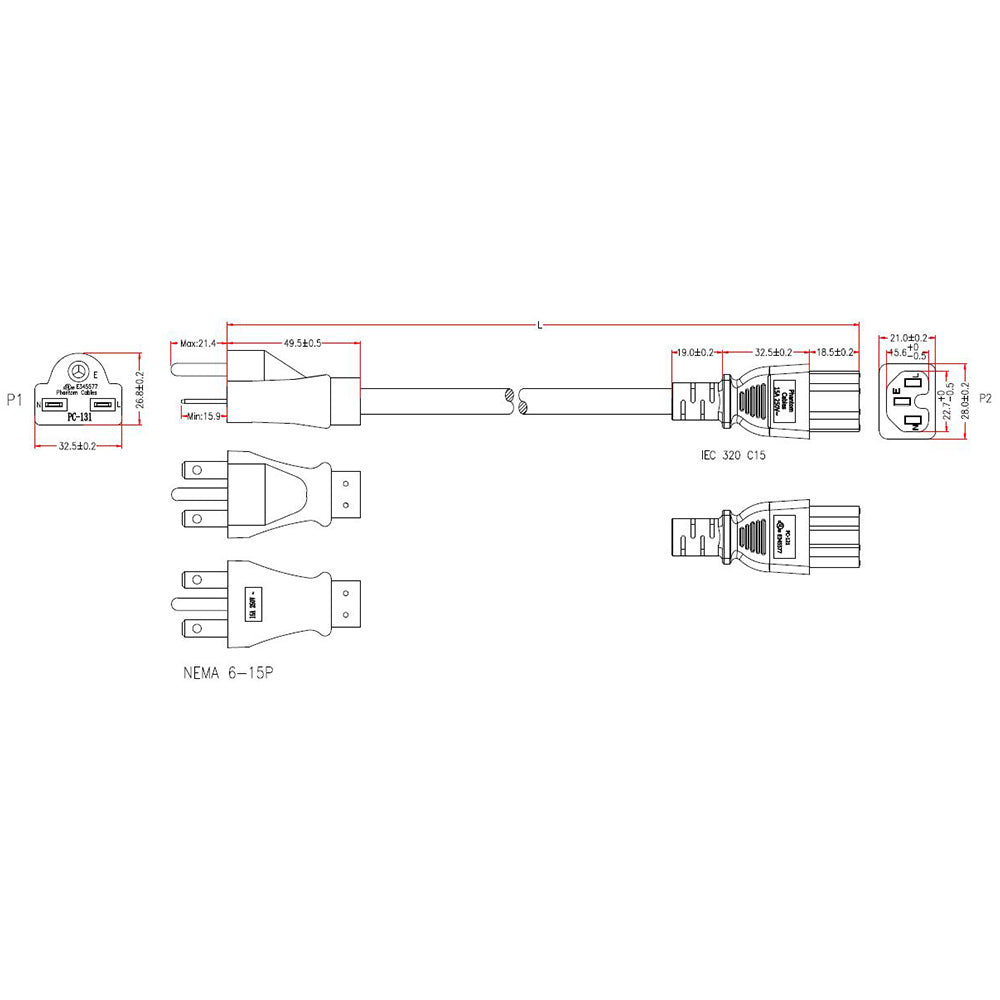6-15P to C15 Power Cable - 14AWG (15A 250V) - SJT Jacket - 6ft