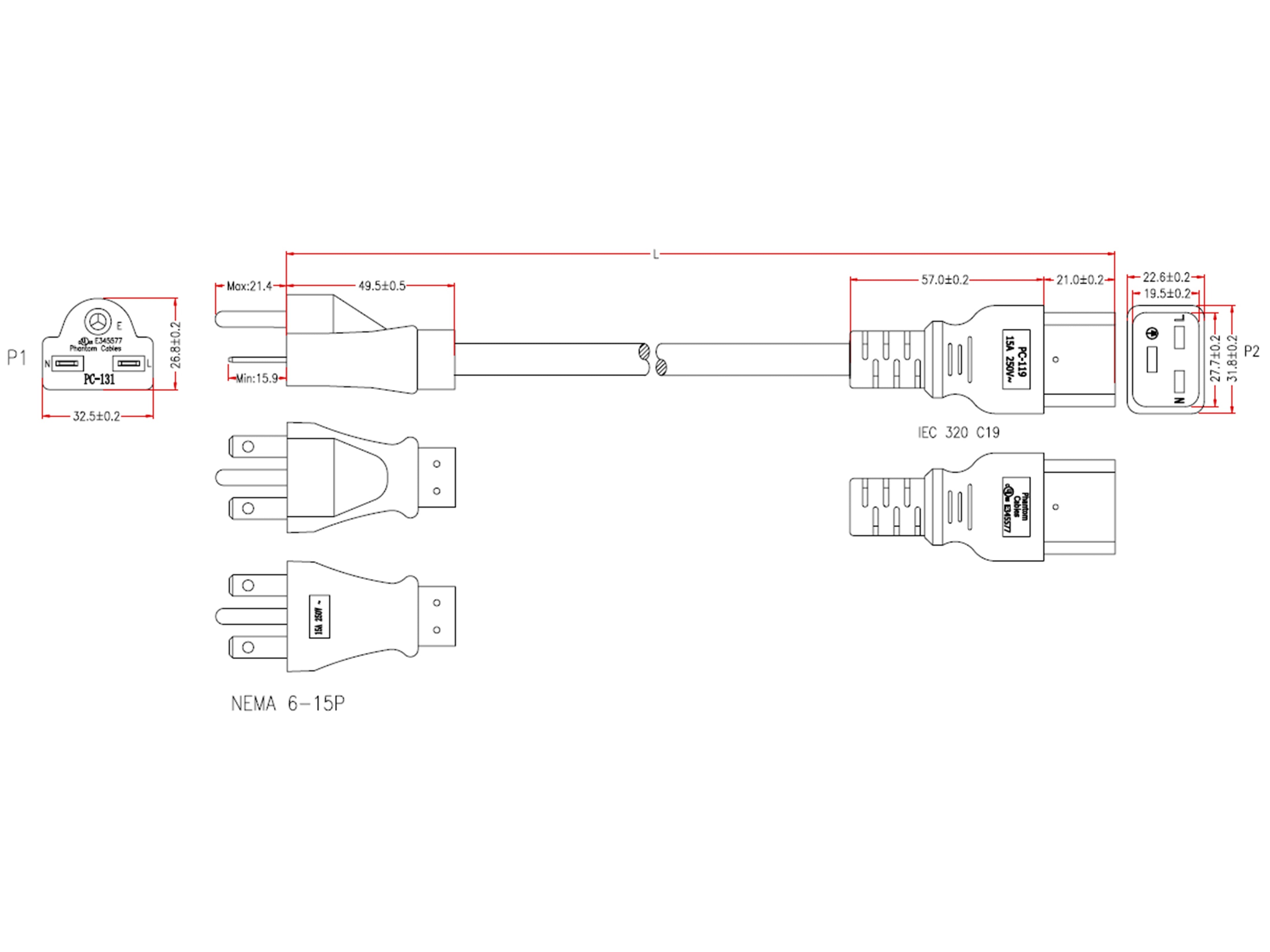 6-15P to C19 Power Cable - SJT Jacket - 6ft